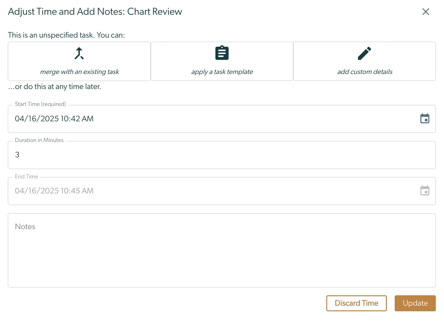 Mirah Collaborative Care - Adjust Time and Add Notes: Chart Review screen