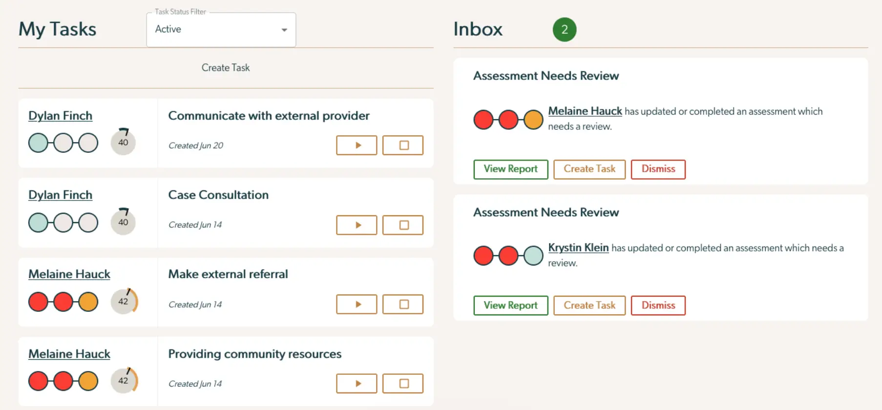 Mirah Collaborative Care Dashboard showing My Tasks and Inbox sections