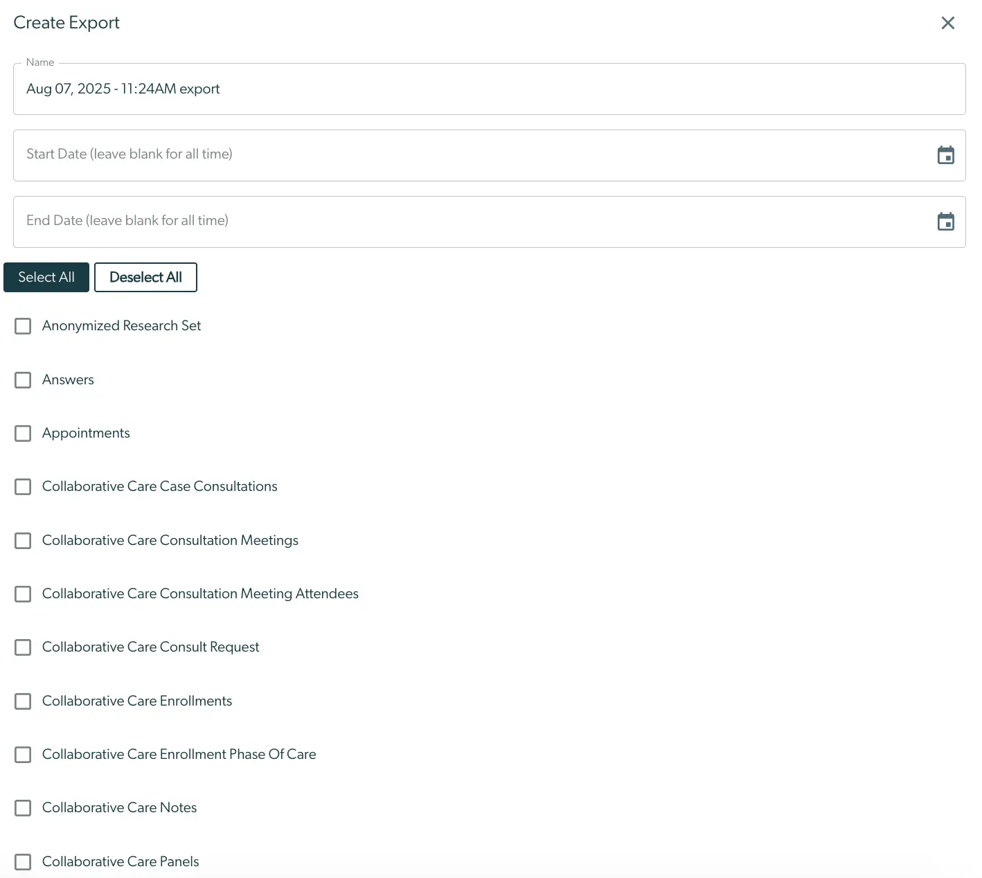 Create Export screen in Mirah Collaborative Care for Billing Insights Logic