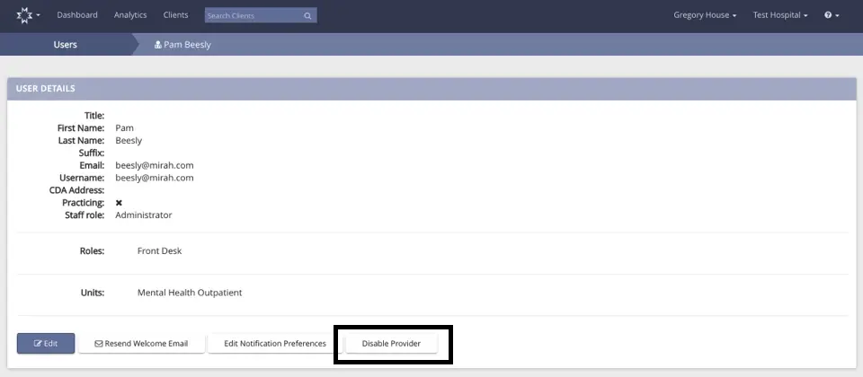 Mirah Collaborative Care Users page showing user details for Pam Beesly with options to edit, resend welcome email, edit notification preferences, and disable provider.