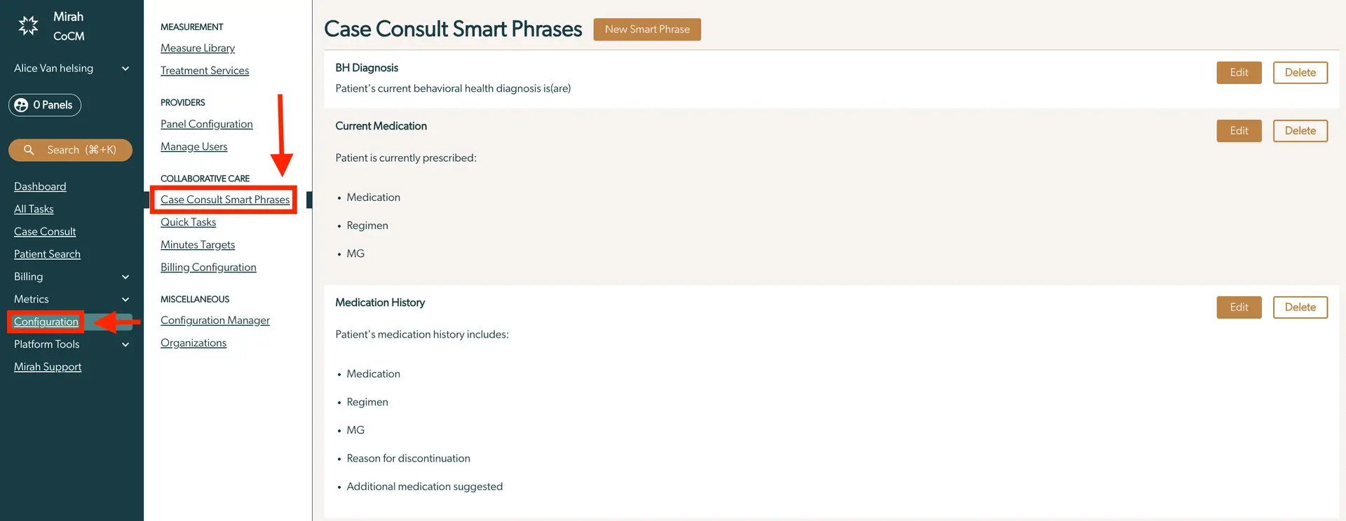 Mirah Collaborative Care Configuration Case Consult Smart Phrases page