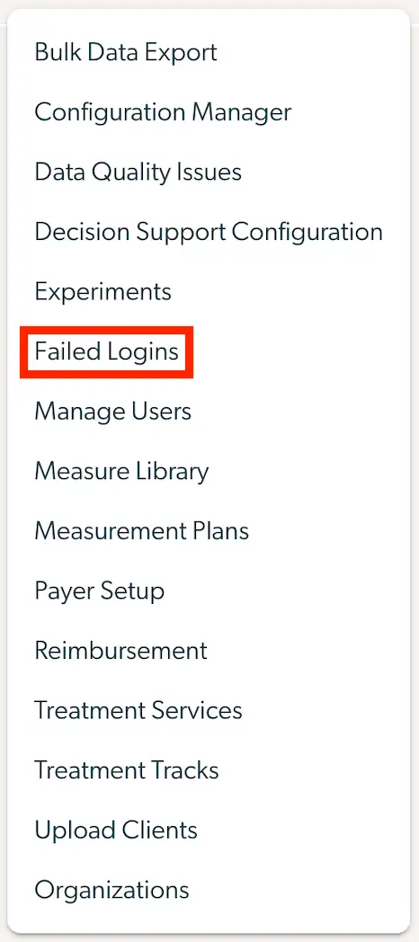 Mirah Collaborative Care Troubleshooting Guide navigation menu with Failed Logins highlighted