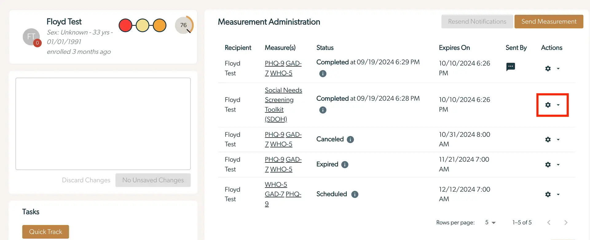 Mirah Collaborative Care Measurement Administration screen for Floyd Test showing various measures and their statuses.