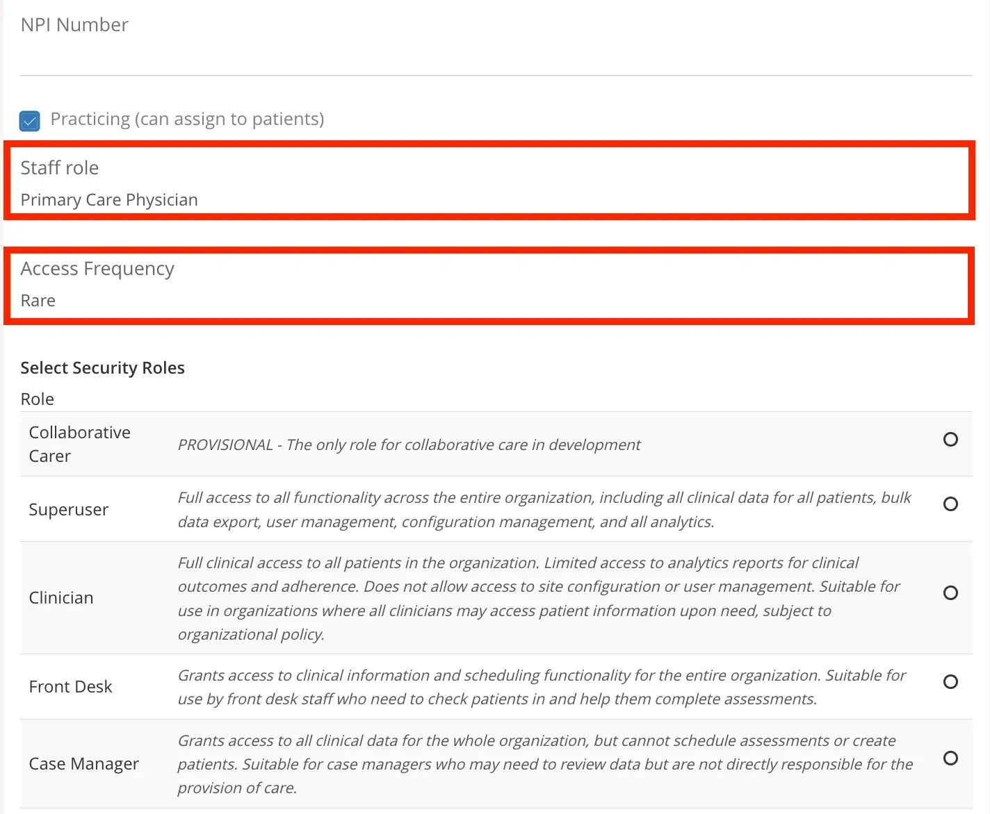 Mirah Collaborative Care user management screen for creating and adding primary care physicians, showing role and access frequency settings.