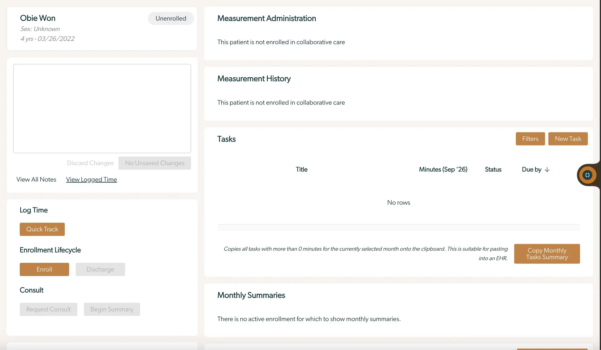 Mirah Collaborative Care patient enrollment screen showing patient details, task management, and enrollment options.
