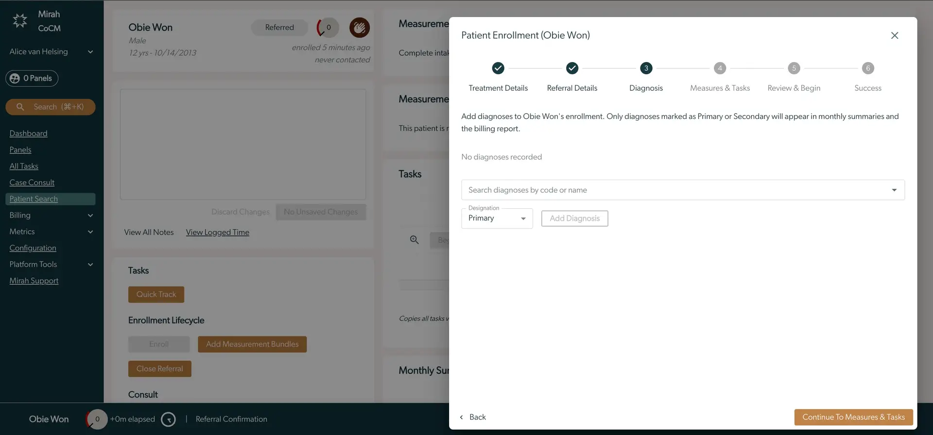 Mirah Collaborative Care Patient Enrollment Diagnosis Step for Obie Won