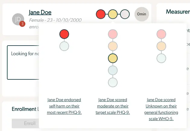 Mirah Collaborative Care patient status badge for Jane Doe showing assessment results and notifications.