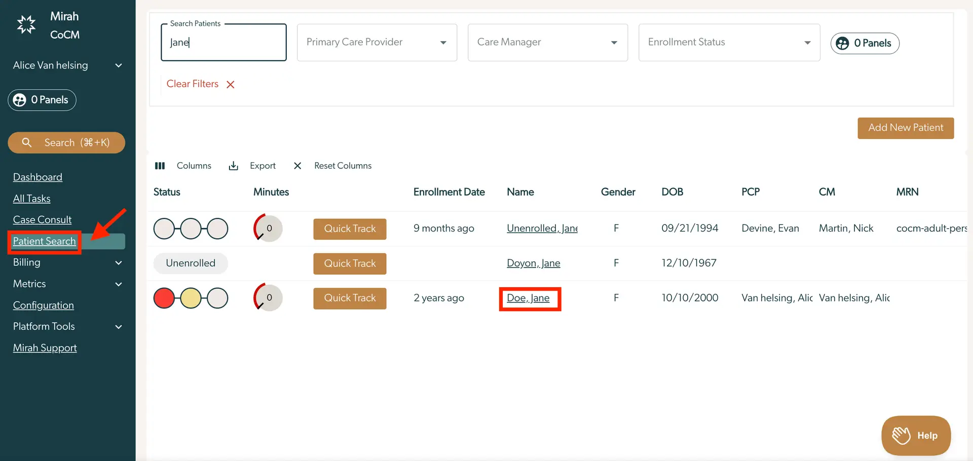 Mirah Collaborative Care Patient Search page showing search filters and patient list.