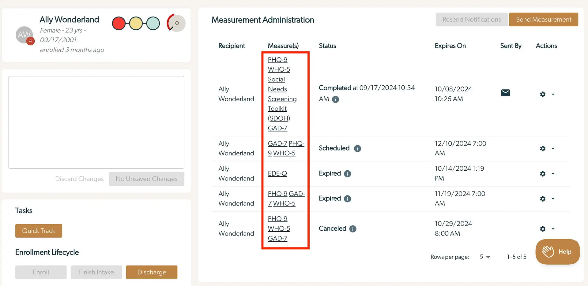 Mirah Collaborative Care Measurement Administration screen for Ally Wonderland showing administered measures and their statuses.