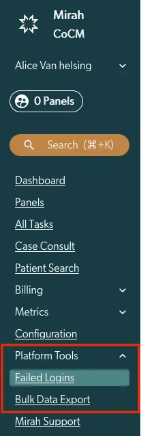 Mirah Collaborative Care vertical navigation menu showing user Alice Van Helsing, search bar, and expanded Platform Tools section with Failed Logins and Bulk Data Export options.