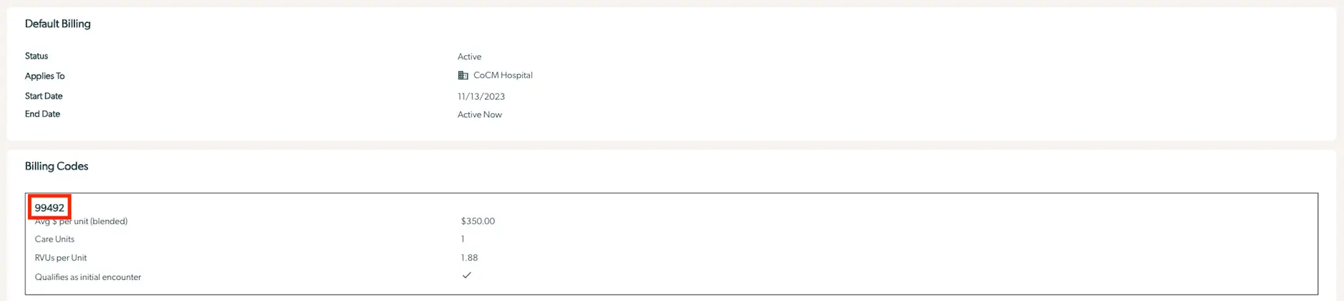 Mirah Collaborative Care Billing Insights screen showing Default Billing and Billing Codes for code 99492