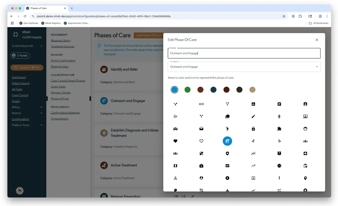 Phases of Care configuration page in Mirah Collaborative Care platform with Edit Phase Of Care modal open.