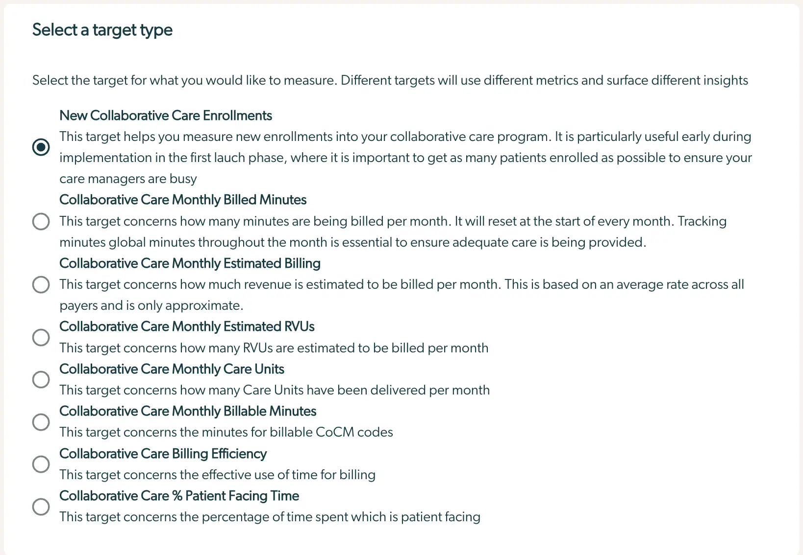 Mirah Collaborative Care - Select a target type screen for setting up implementation targets
