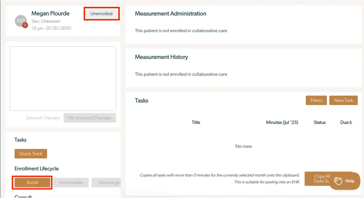 Mirah Collaborative Care patient enrollment and intake screen showing an unenrolled patient with options to enroll and manage tasks.