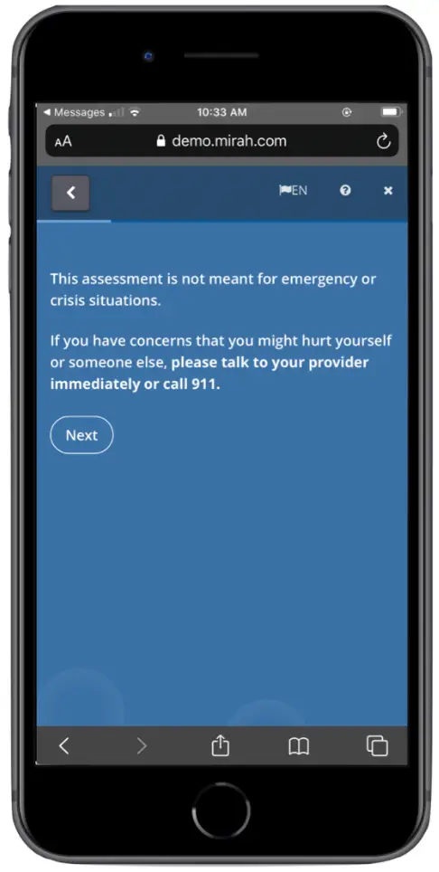 Mirah Collaborative Care - Assessment Warning Screen
