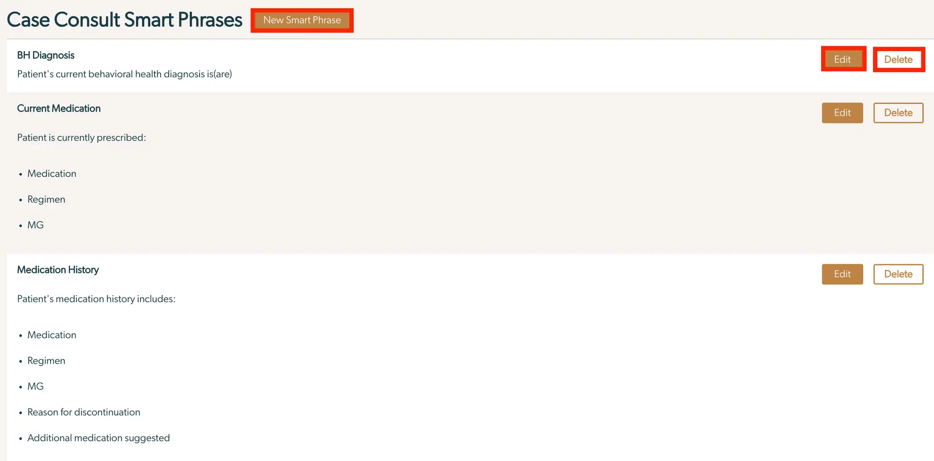 Case Consult Smart Phrases screen in Mirah Collaborative Care with options to edit or delete BH Diagnosis, Current Medication, and Medication History.