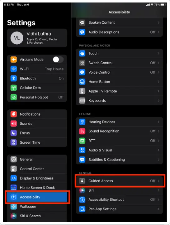 iPad Settings Accessibility menu with Guided Access highlighted