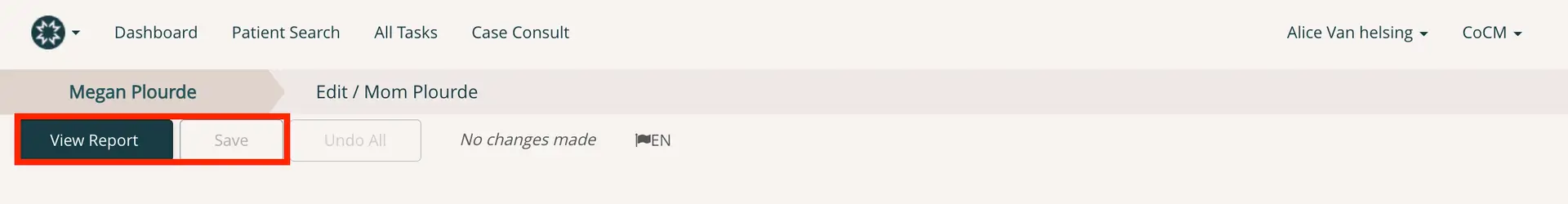 Mirah Collaborative Care patient management screen for Megan Plourde with navigation bar and report viewing options.