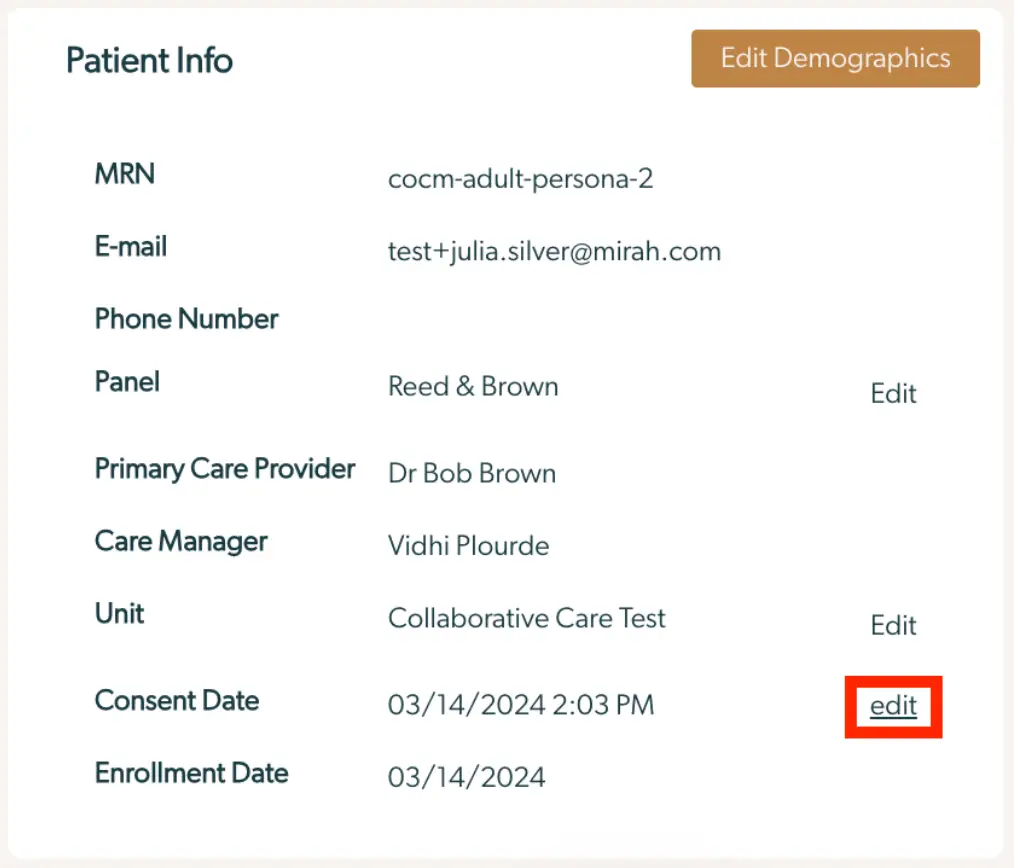 Mirah Collaborative Care Patient Info section with editable fields and Edit Demographics button