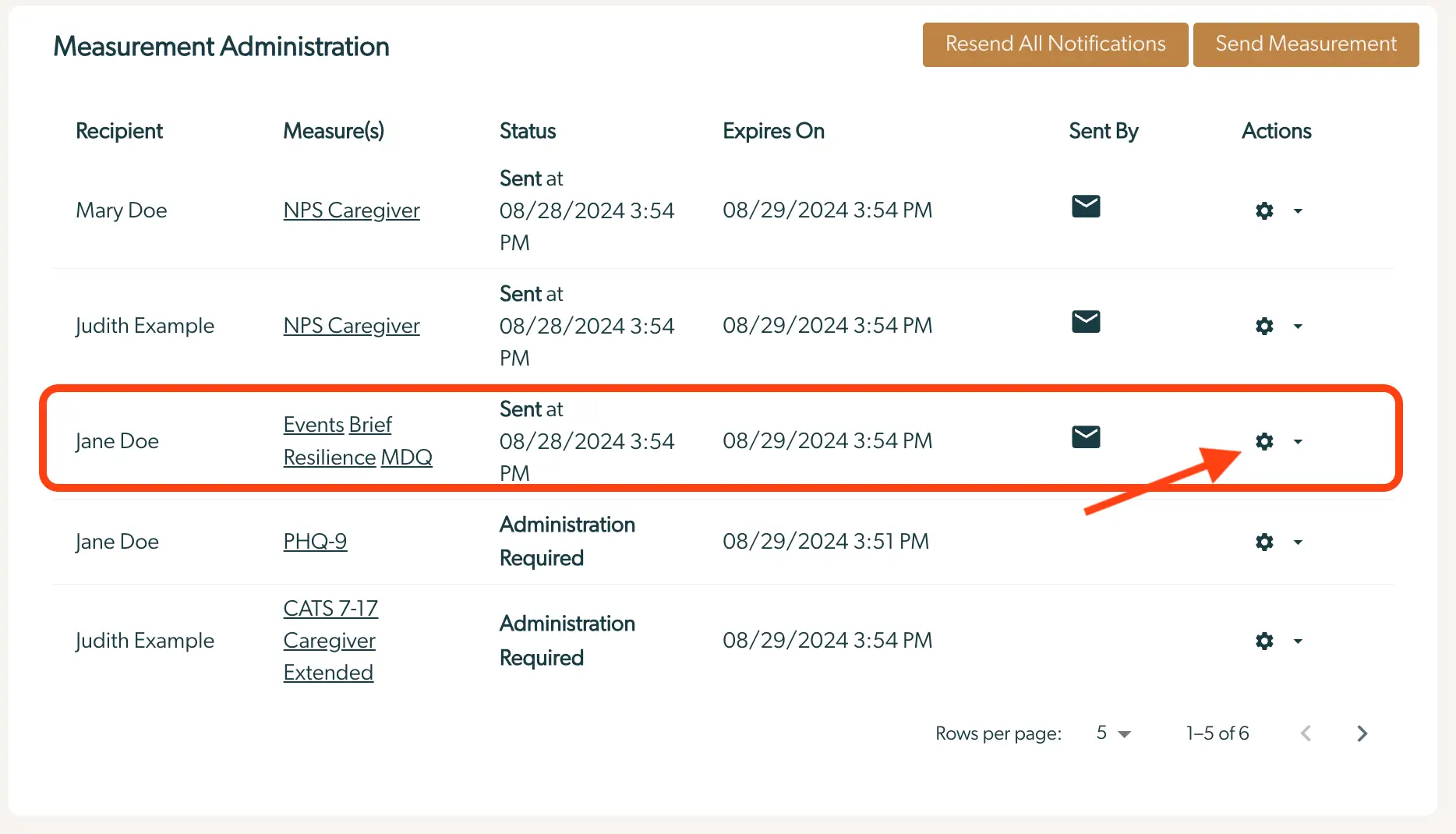 Mirah Collaborative Care Measurement Administration screen showing measures sent to patients