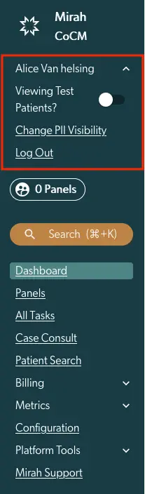 Mirah Collaborative Care vertical navigation menu showing user options and main navigation links.