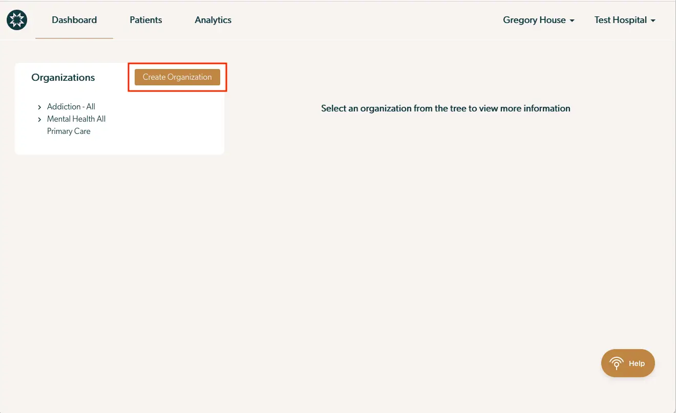 Mirah Collaborative Care - Organizations screen with Create Organization button