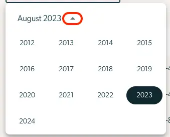 Dropdown menu for selecting a date in the Monthly Billing Report feature of Mirah Collaborative Care, currently set to August 2023 with a list of years from 2012 to 2024.