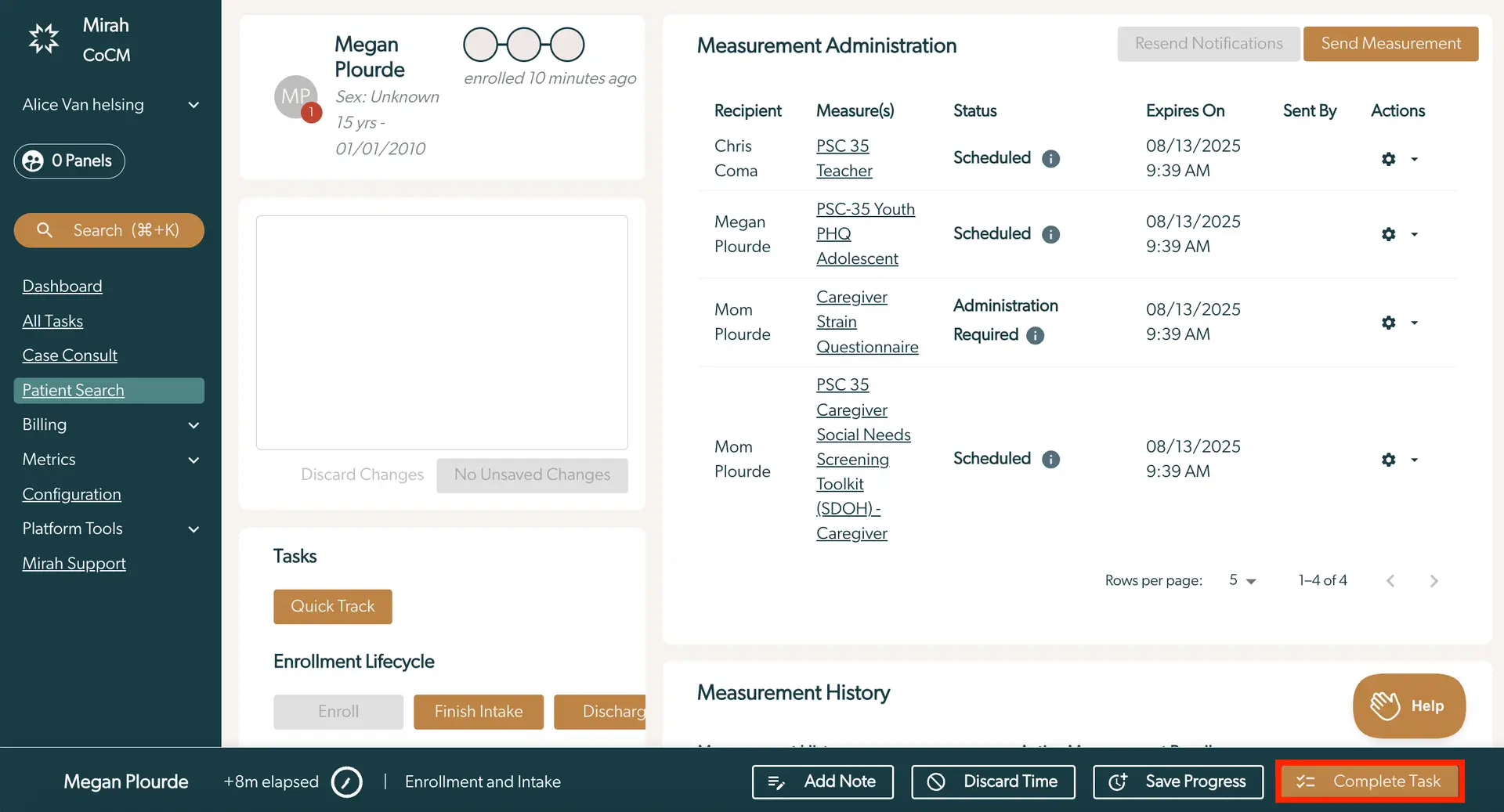 Mirah Collaborative Care patient enrollment and intake screen showing patient details and measurement administration options.