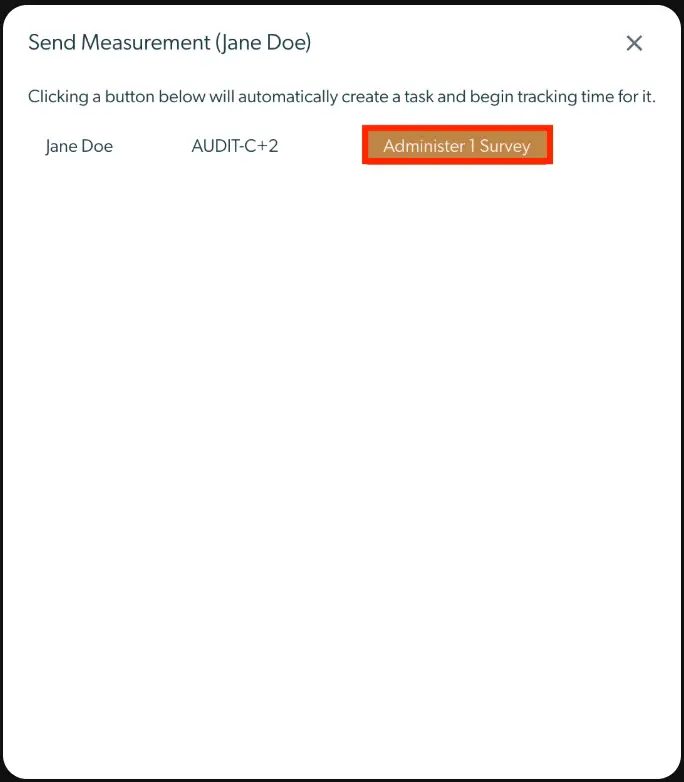 Send Measurement screen for Jane Doe in Mirah Collaborative Care, showing options to administer a survey.