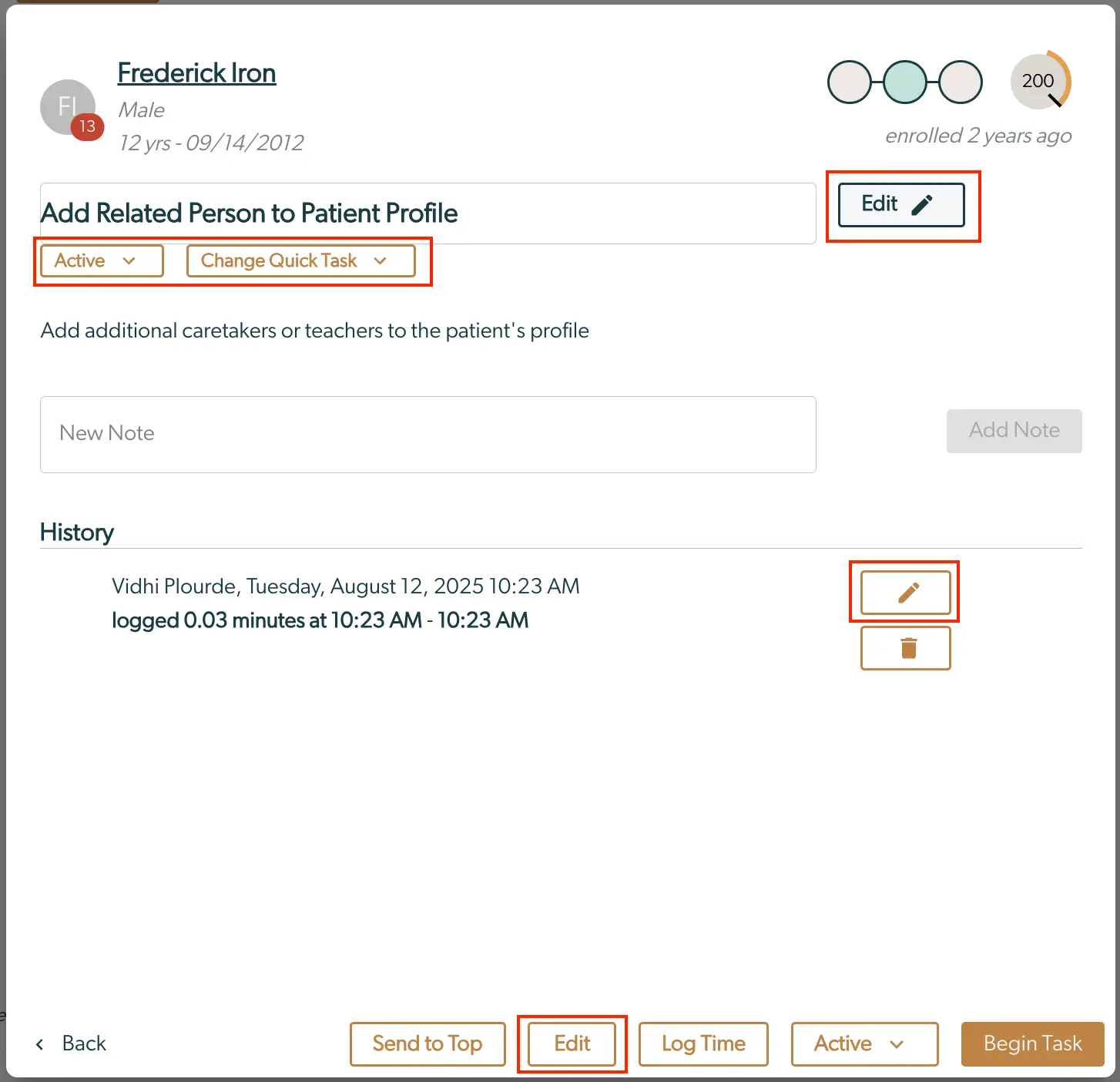 Mirah Collaborative Care task editing screen for Frederick Iron's patient profile.