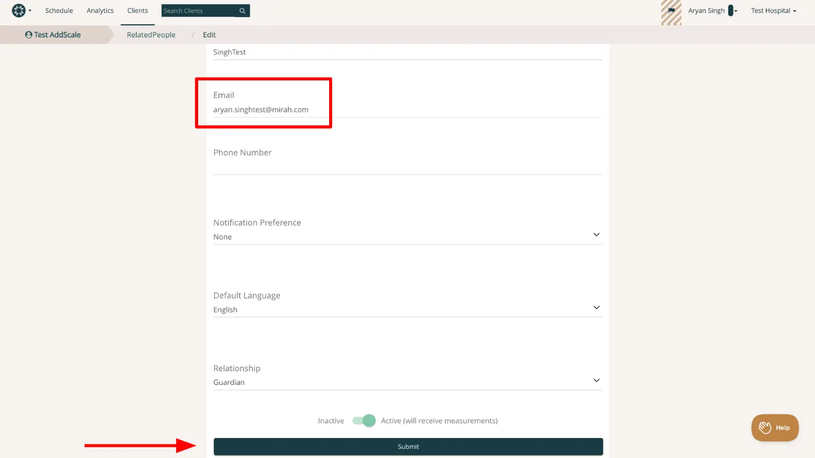 Mirah Collaborative Care Clients Edit Page for Troubleshooting Patient Login Issues