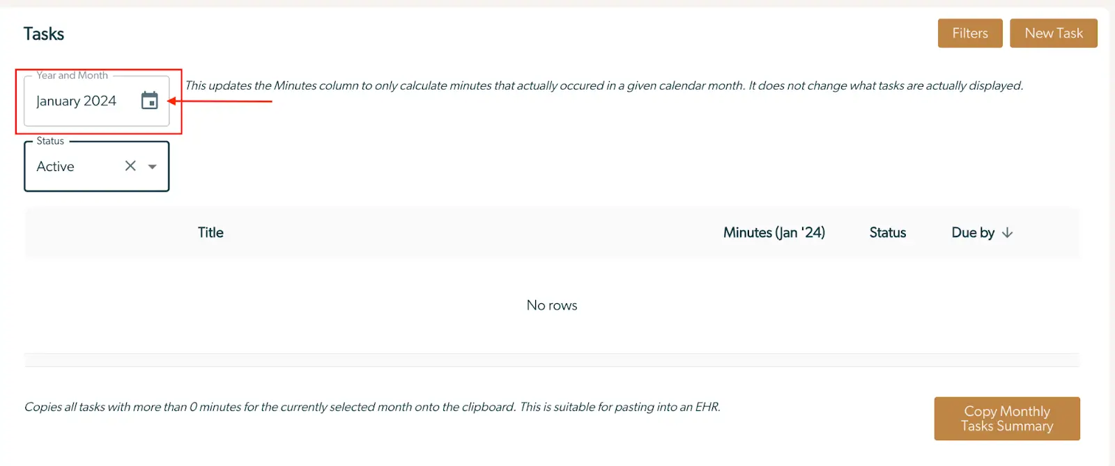 Mirah Collaborative Care Tasks section for January 2024 showing no tasks listed.