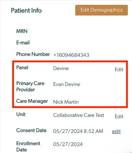 Mirah Collaborative Care Patient Info screen showing care team details and edit options.