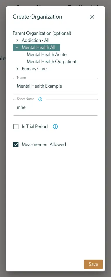 Create Organization screen in Mirah Collaborative Care with options for Parent Organization, Name, Short Name, and settings for Trial Period and Measurement Allowed.