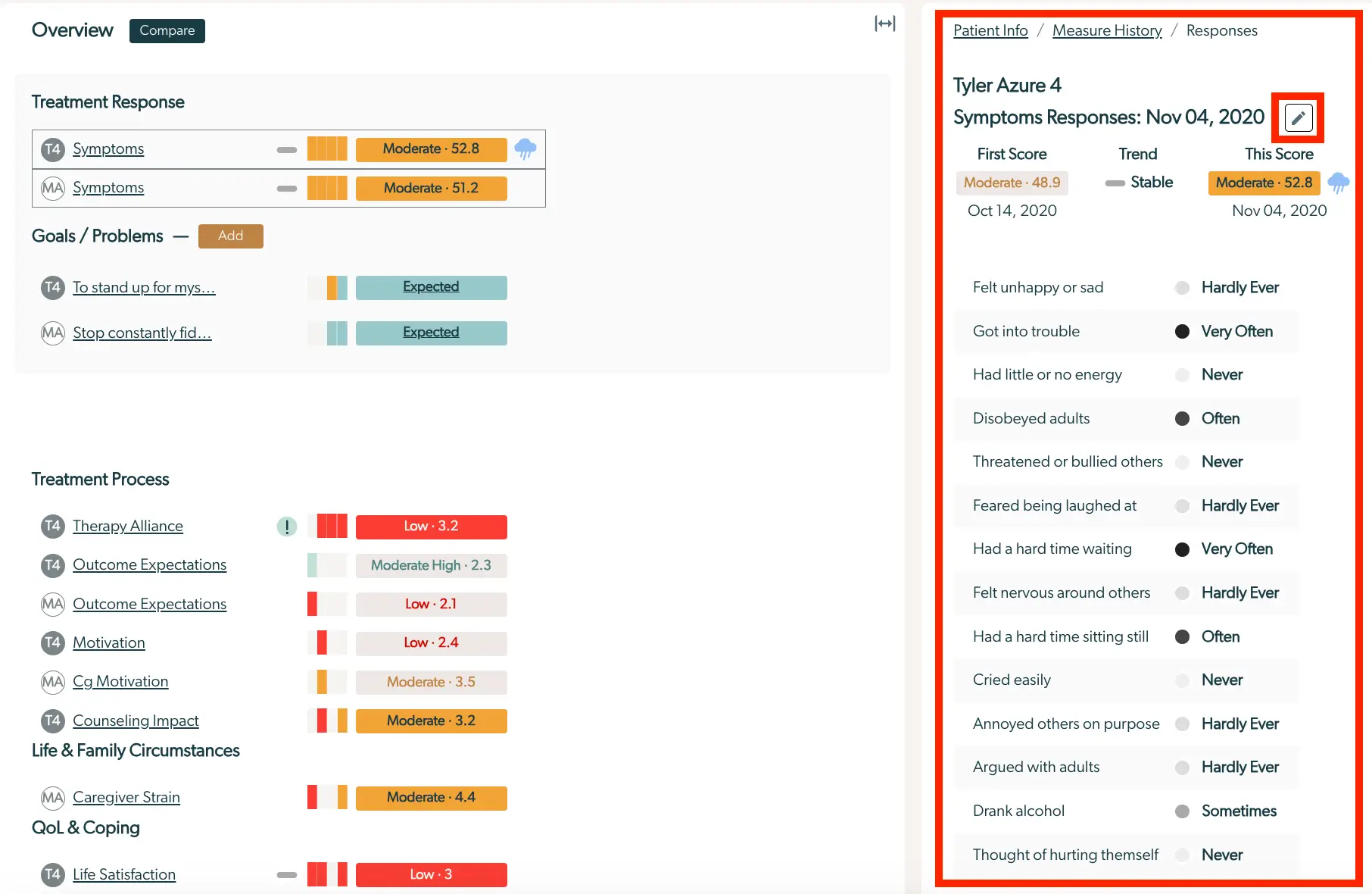 Mirah Collaborative Care Enhanced Feedback Report for Tyler Azure, Symptoms Responses dated Nov 04, 2020