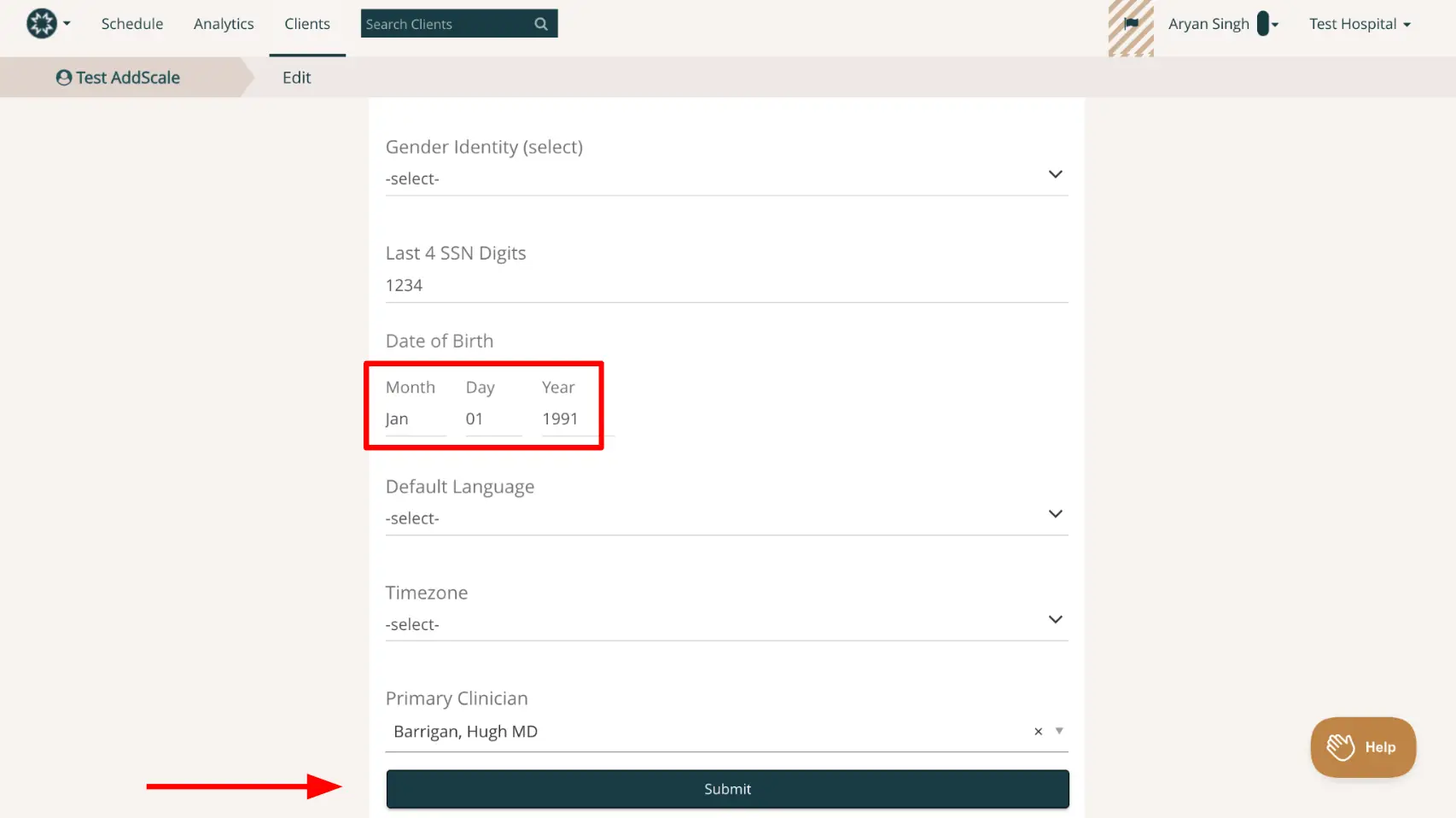 Mirah Collaborative Care Edit Client page showing date of birth fields highlighted.