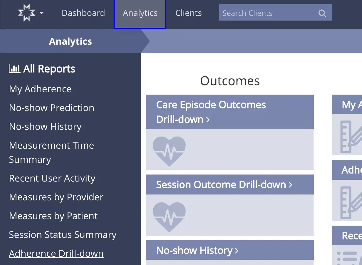 Mirah Collaborative Care Analytics section showing All Reports and Outcomes options.