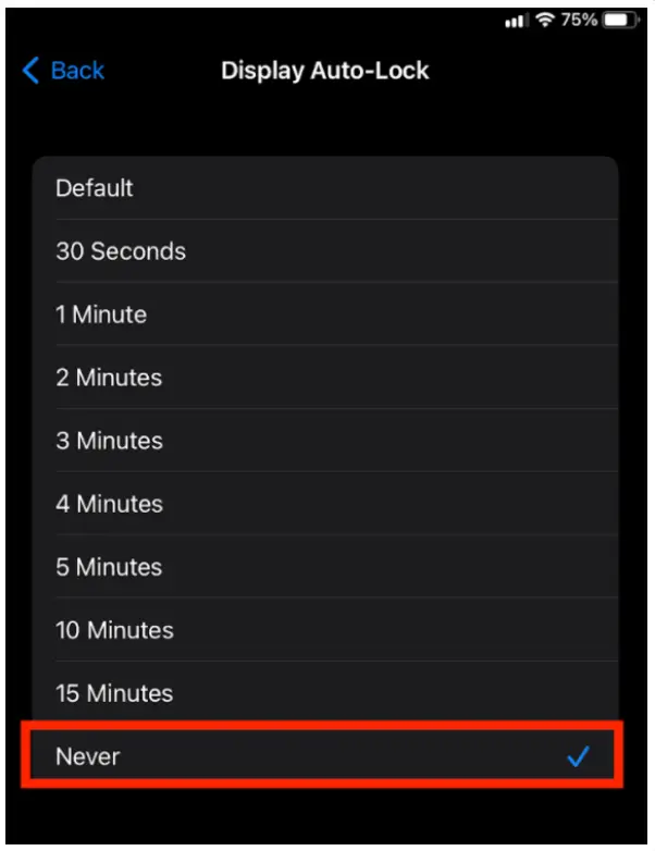 Display Auto-Lock settings screen on iPad for configuring Mirah Tablets