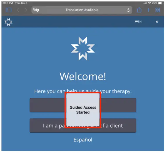 Mirah Collaborative Care iPad welcome screen with Guided Access Started message.