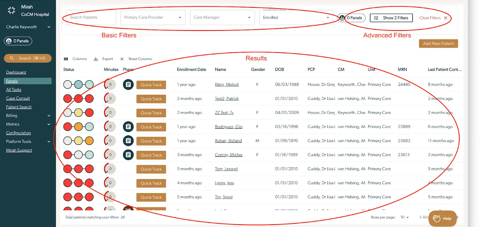 Mirah CoCM Hospital Panels Search interface showing patient list and filter options.