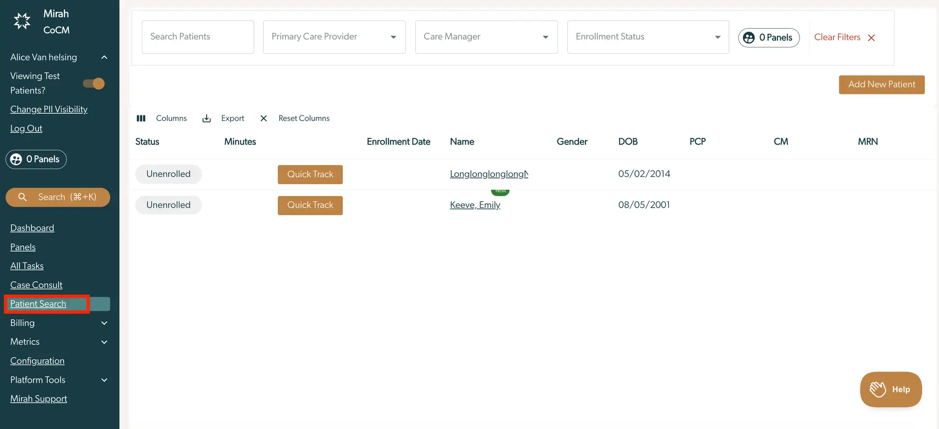Mirah Collaborative Care Patient Search page showing test patients.