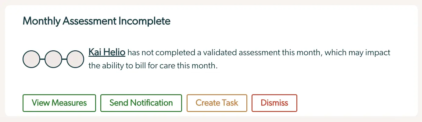 Mirah Collaborative Care Dashboard - Monthly Assessment Incomplete notification for Kai Helio.