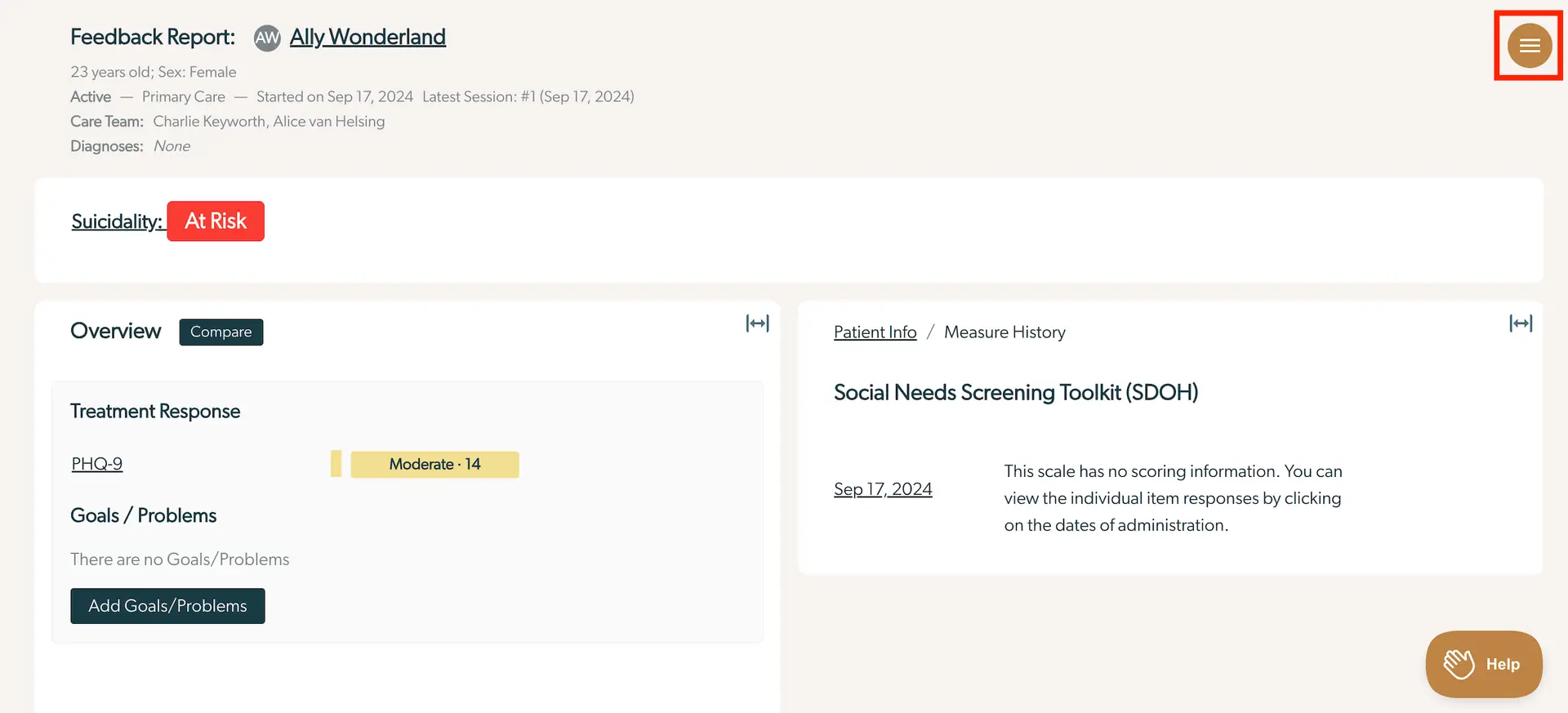 Mirah Collaborative Care - Patient Info / Measure History screen showing feedback report for Ally Wonderland with treatment response and social needs screening toolkit.