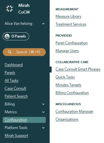 Mirah Collaborative Care vertical navigation menu showing configuration options for measurement, providers, collaborative care, and miscellaneous settings.