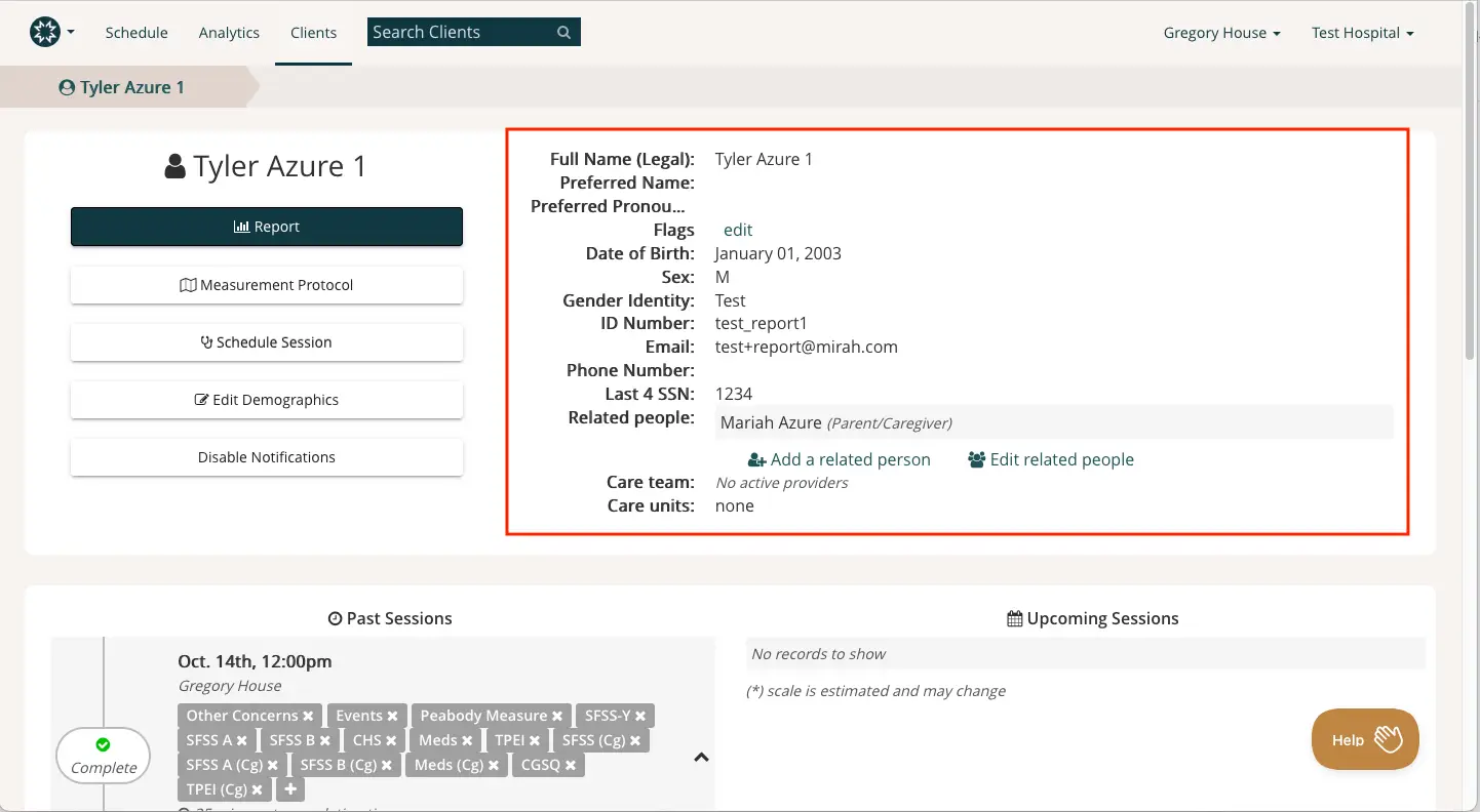 Mirah Collaborative Care client profile page for Tyler Azure 1 showing client details and session information.