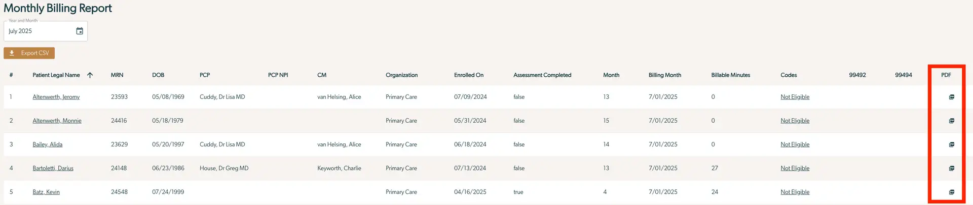 Mirah Collaborative Care Monthly Billing Report for July 2025