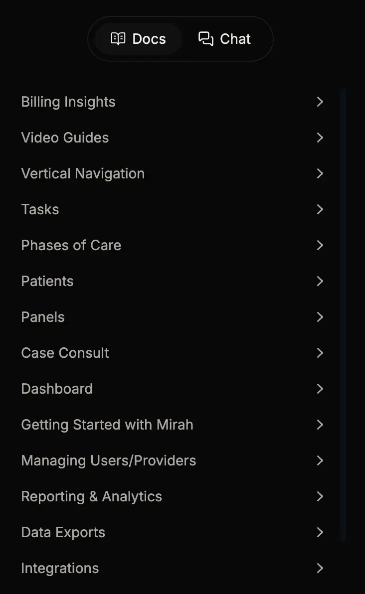 Mirah Collaborative Care navigation menu with options for Docs, Chat, and various features like Billing Insights and Reporting & Analytics.