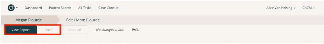 Mirah Collaborative Care patient edit screen showing navigation and action buttons.