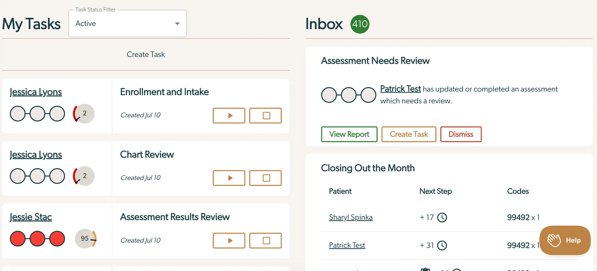 Mirah Collaborative Care Dashboard showing My Tasks and Inbox sections