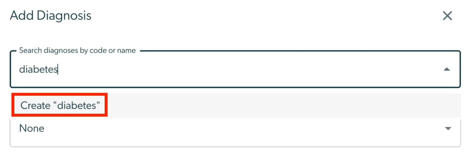 Add Diagnosis screen in Mirah Collaborative Care showing search and create options for diagnosis codes.